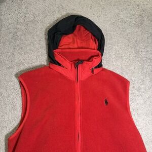 Polo Ralph Lauren Red Polartec Fleece Vest Packable Hood Hoodie Polyester Size M
